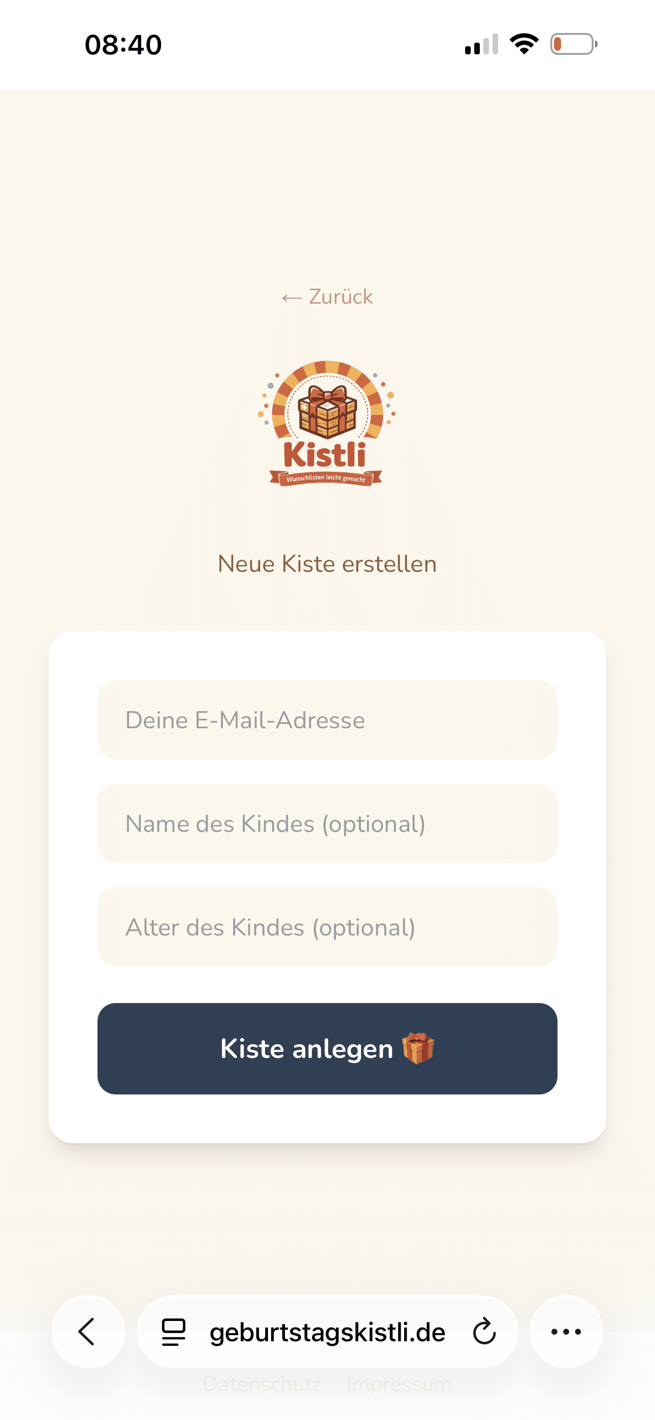Screenshot: Kiste erstellen
